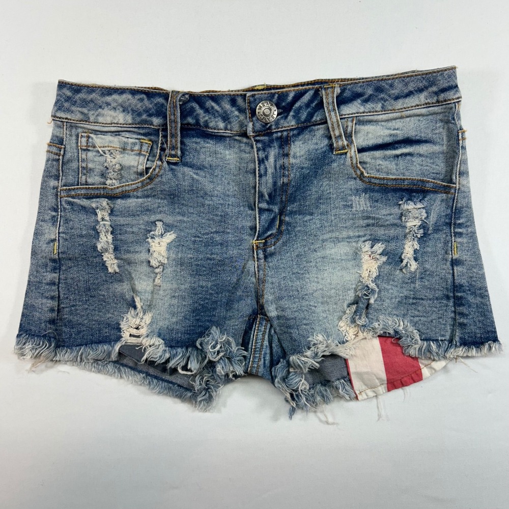 Jordann Womens Distressed Denim Shorts Blue American Flag Pocket Size S